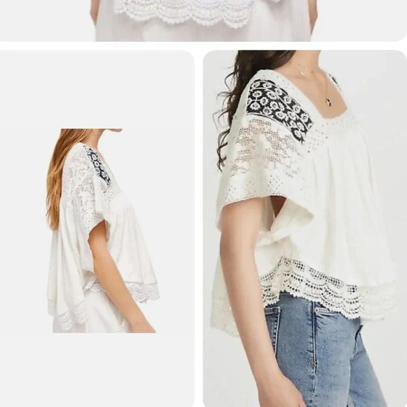 Free People White/black Short Sleeve Square Neck floral embroidered top size S - Picture 3 of 11